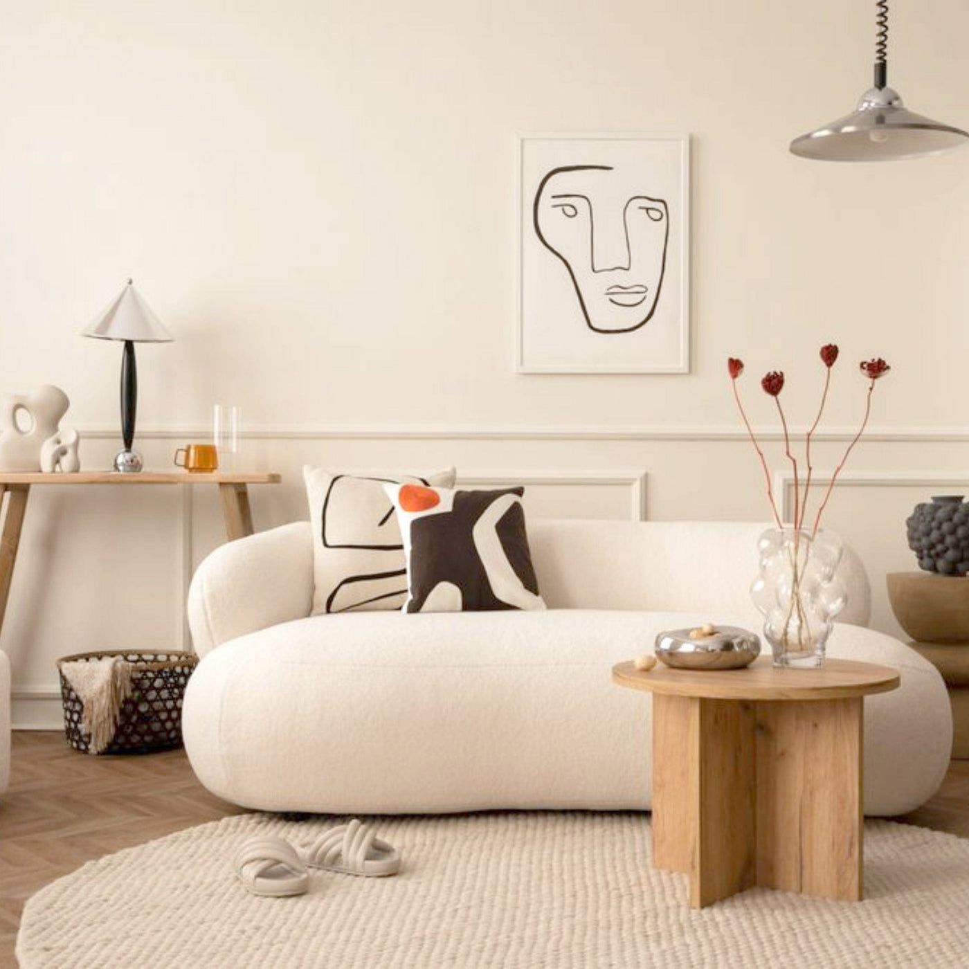 boho modern living room with Ball of String painted on the wall