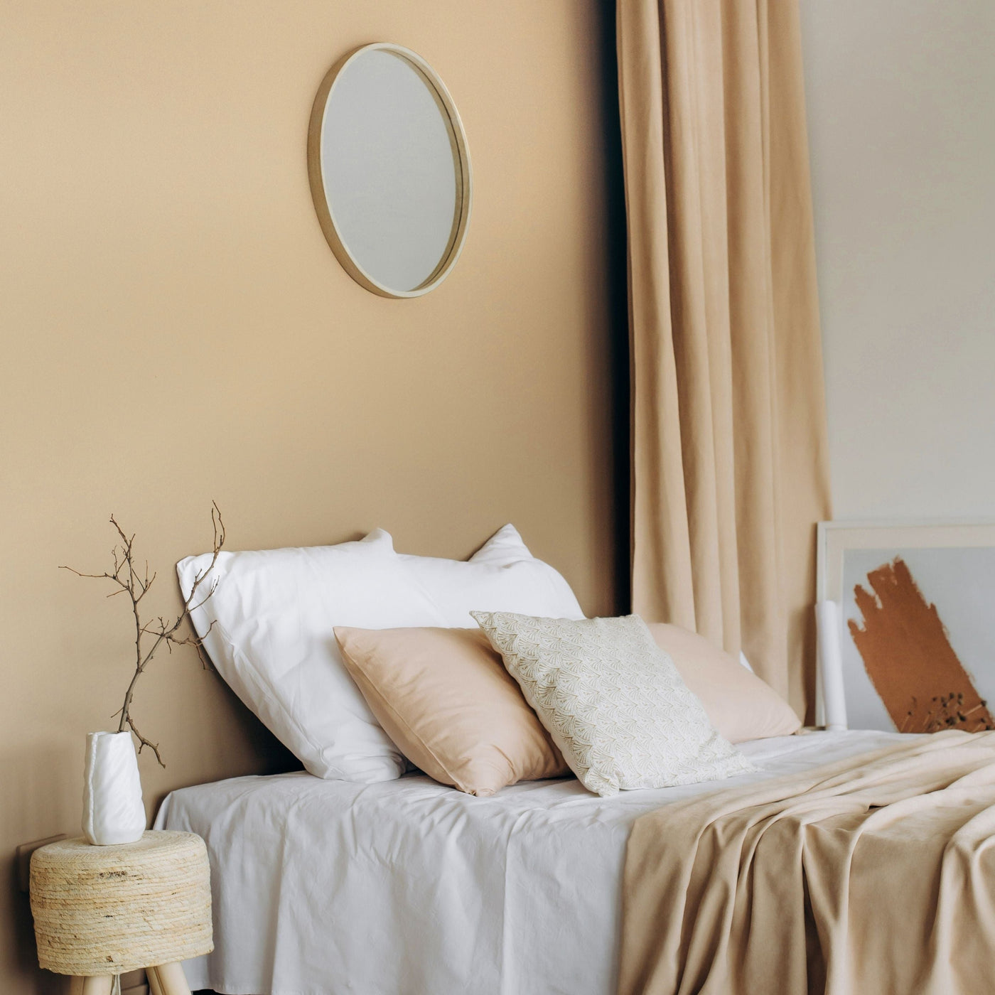 serene bedroom with Adobe color as an accent wall color