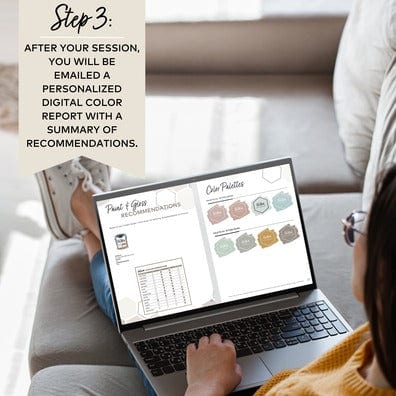 Woman reviewing her DURA Color Report. Step 3 After your color session, you will be emailed a personalized digital color report with a summary of recommendations