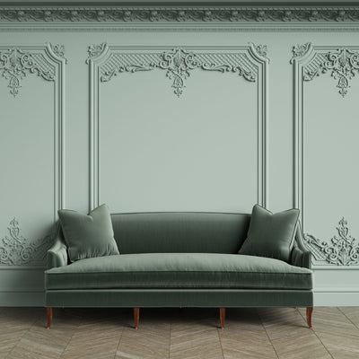 ornate moulding on living room accent wall painted in Agate Green