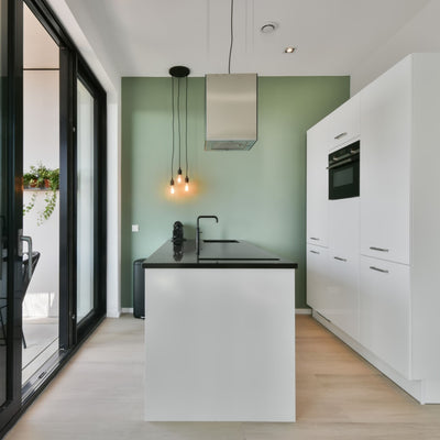 Modern sleek kitchen with white cabinetry, black countertop and light flooring. Accent wall painted in Cloistered Garden