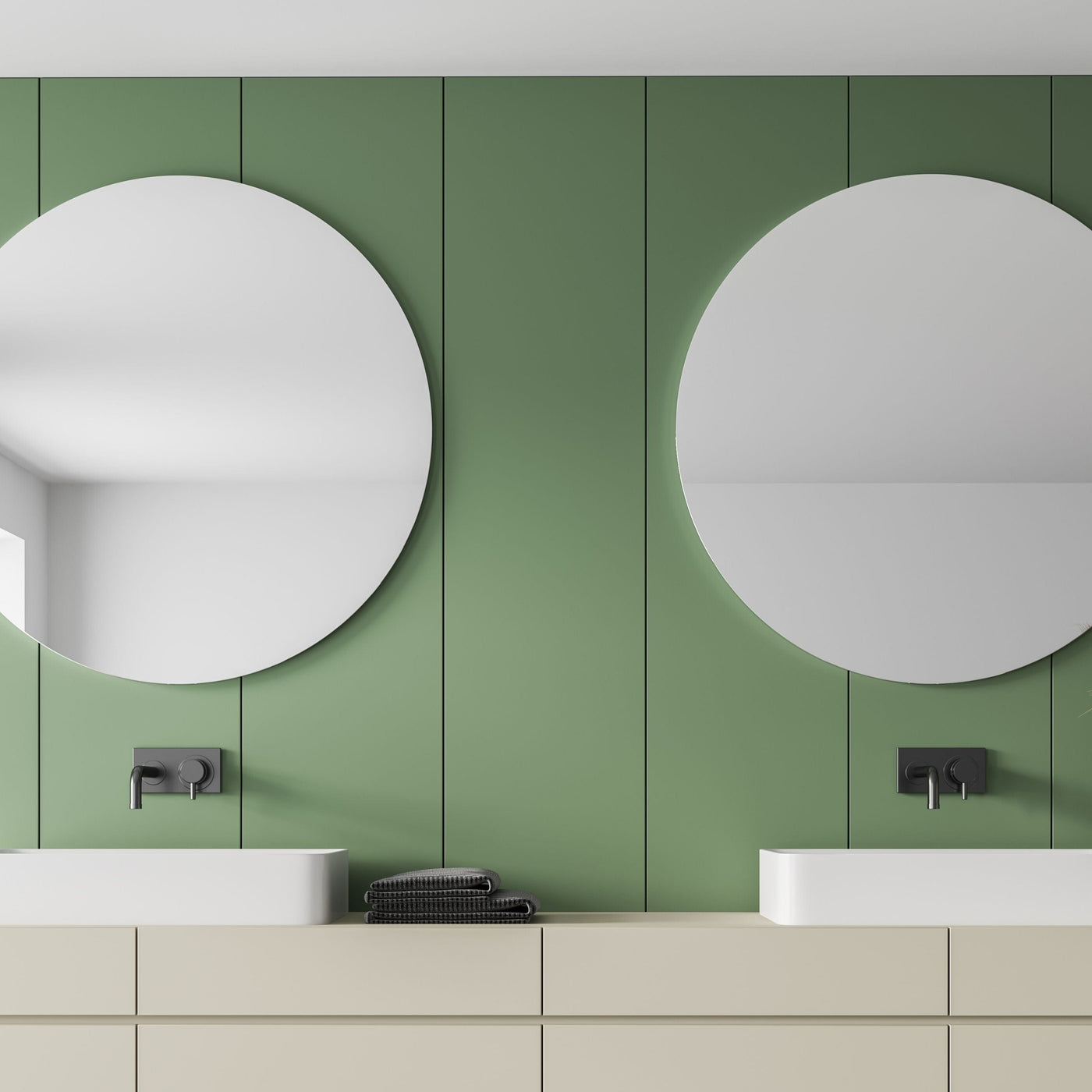 Bathroom with modern light beige vanity  cabinet with two white  rectangular vessel sinks. Two round mirrors with Forest Path painted on back wall