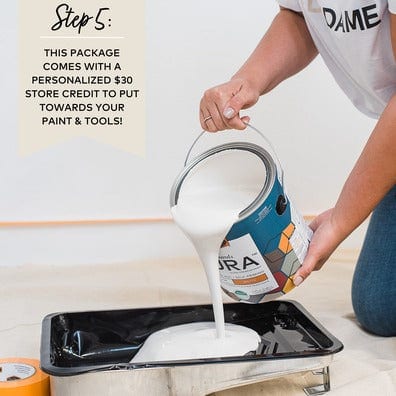 woman in #DIYDAME tshirt pouring paint into paint tray. Step 5: This package comes with a personalized $30 store credit to put toards your paint & tools