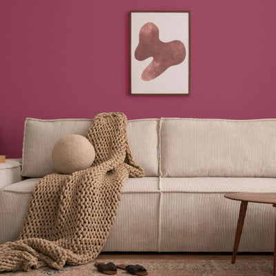 Living area with plush sofa, light beige pillow and throw blanket with a vibrant painted wall in the color Cherry Berry with complimentary artwork